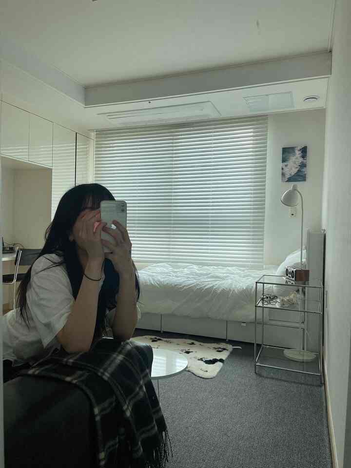 白とグレーのトーンが特徴の一人暮らし用寝室、大きなブラインドと斑模様のカーペットが印象的なモダンな空間