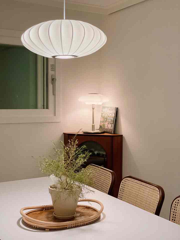Natural brown-toned dining room featuring a white dining table, rattan chairs, and a plant centerpiece creating a cozy atmosphere