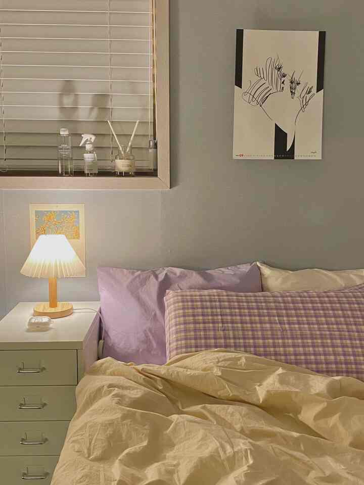 Bedroom with lavender and beige tones featuring checkered duvet cover and pillows creating a cozy atmosphere