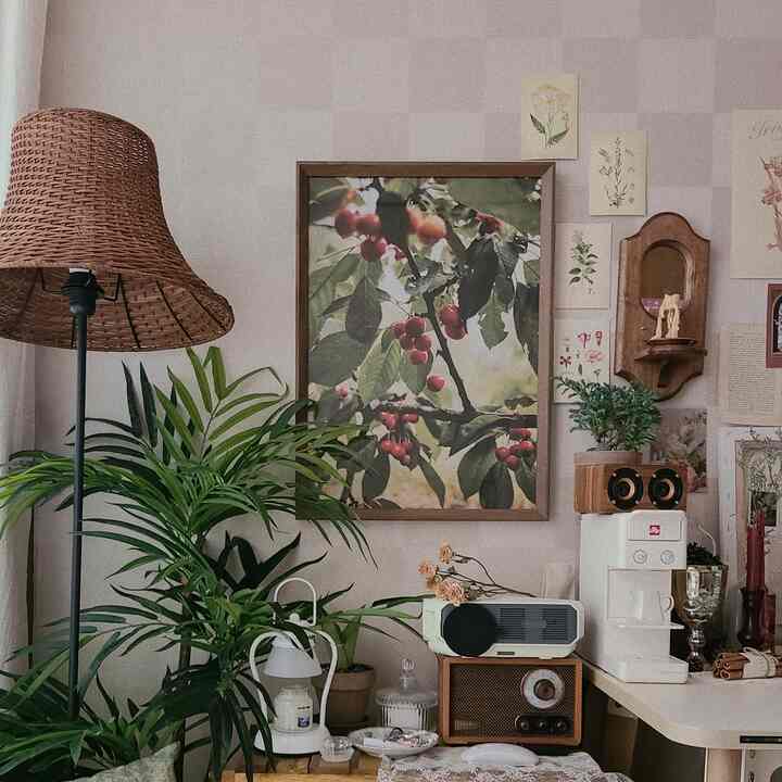 Wood tone and natural color living room featuring plants and vintage accessories with a cozy atmosphere