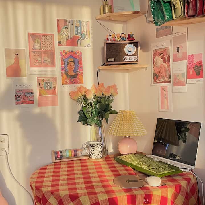 Warm natural color-toned home office featuring a checkered table with vintage radio, creating a cozy atmosphere