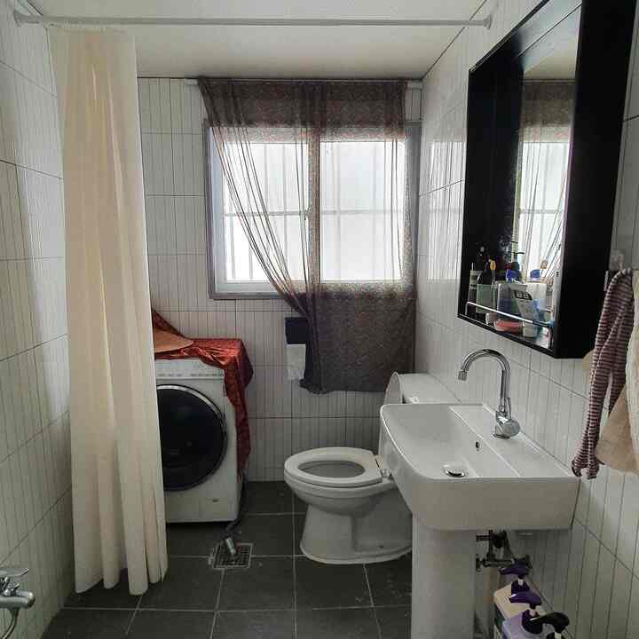 白を基調とした狭いトイレ空間、洗面台・トイレ・洗濯機・カーテンが配置された実用的なインテリア