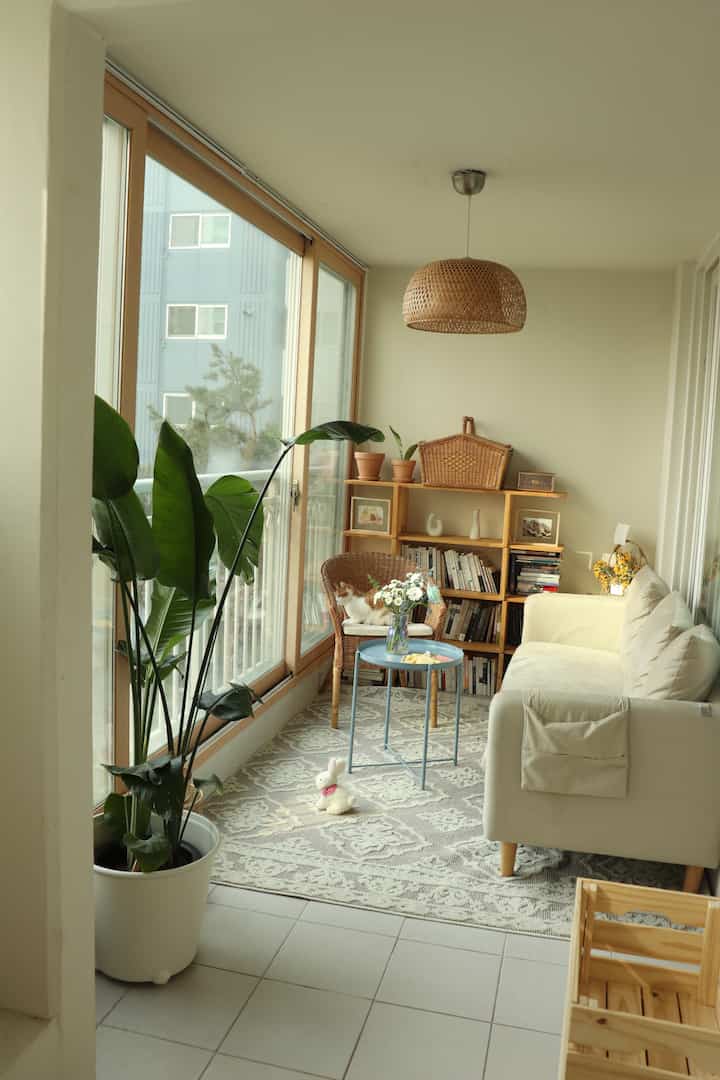 Natural color and wood-toned living room featuring a patterned rug, rattan armchair with a cat, and pendant light creating cozy atmosphere