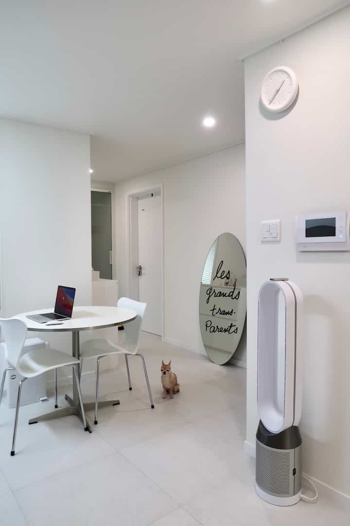 White and silver-toned compact modern kitchen dining space featuring a round dining table with chairs and a small dog in the center, creating a simple home cafe ambiance