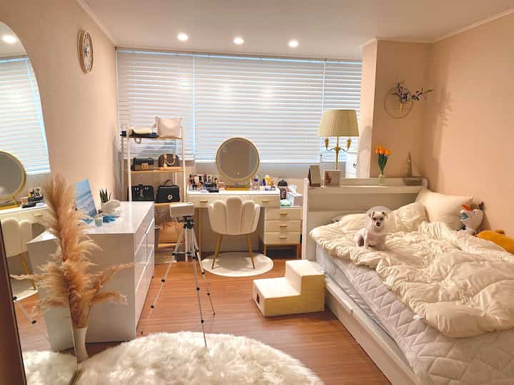 Bright white and brown toned bedroom featuring a neat bed and desk, cozy space shared with a small dog
