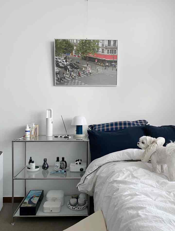 白を基調とした寝室、白いベッドとネイビーピローが配置されたシンプルでモダンな印象的な空間、小さな犬がベッドの上にいる