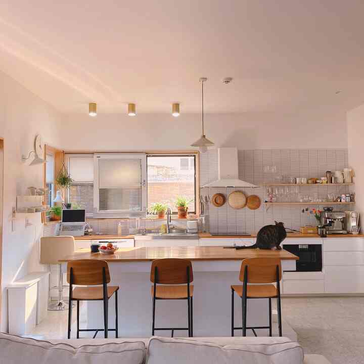 White and wood-toned kitchen featuring a kitchen island, coffee machine, and a cat, creating a natural modern atmosphere