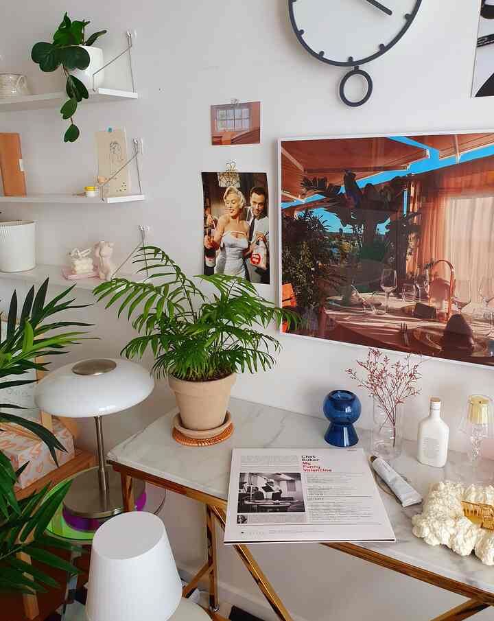 White-walled space with natural-tone console table, featuring various green plants in a modern home office setting