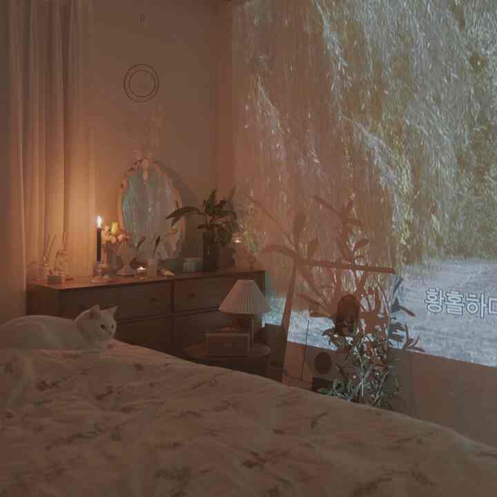 Warm brown and white toned bedroom featuring a cat resting on soft bedding and a movie projected on the wall creating a cozy home cinema atmosphere