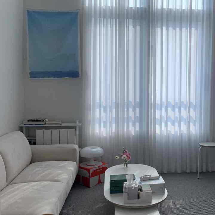 Bright white-toned living room featuring a white sofa and curtains in a simple and modern setting