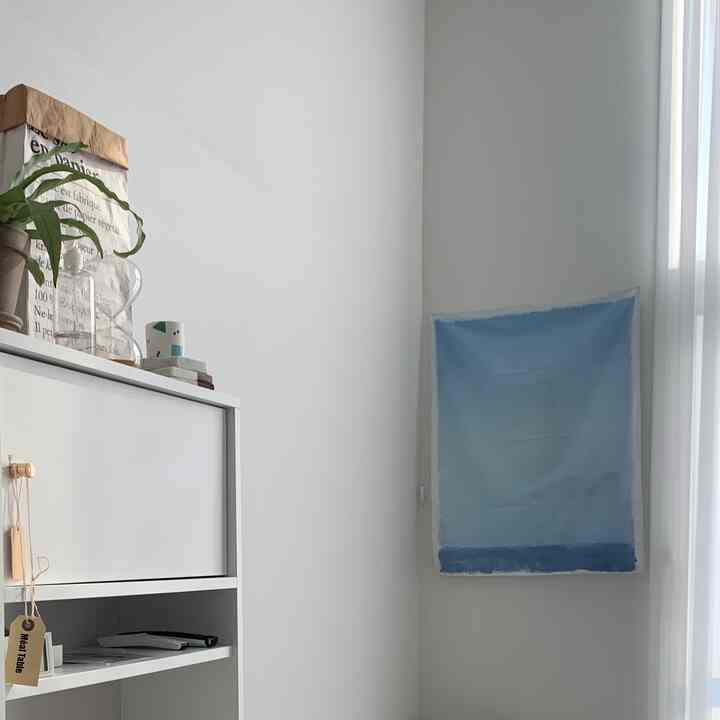 Minimal natural space with white and sky blue tones, featuring shelving and a plant, clean interior design