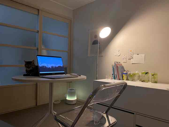 Bright white and natural tone round room home office space featuring transparent chair and fish bowls, creating a cozy atmosphere