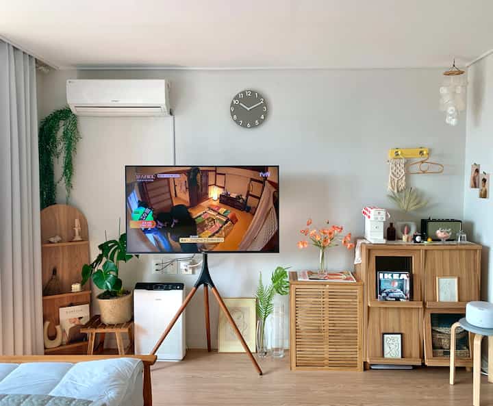 Natural living room with white walls and wood tone furniture featuring an easel-style TV stand and various plants
