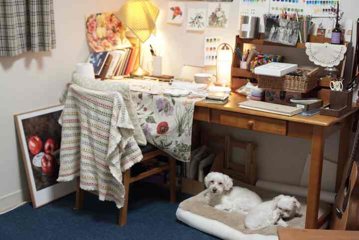 A warm wood tone workspace with blue rug, featuring a wooden desk with lamps and storage shelves, and small dogs resting on a pet bed