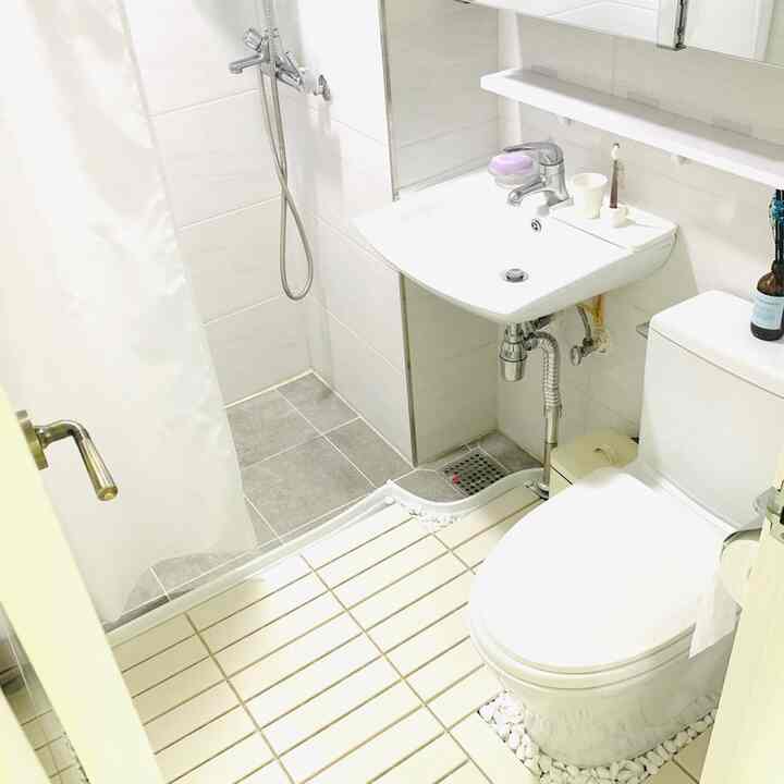 明るいホワイトとグレーのトーンのドライバスルーム、洗面台、トイレ、シャワーカーテンがすっきり配置された小さな浴室空間