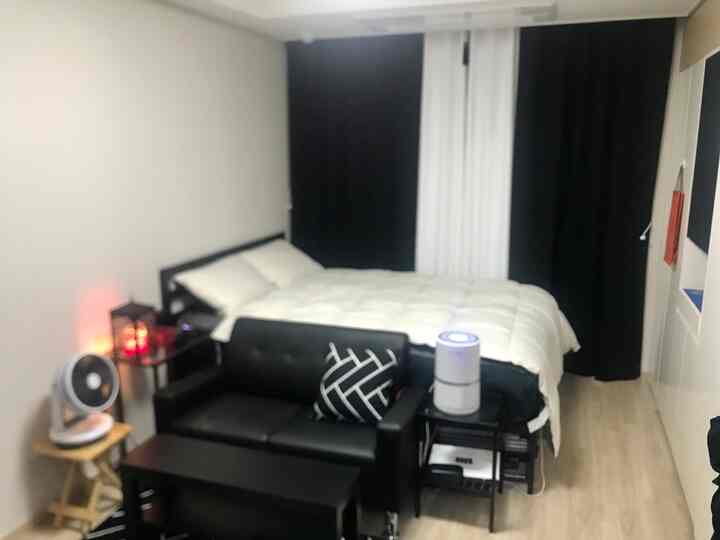 Black and white toned bedroom featuring mattress, bed frame, and sofa in a modern compact setting