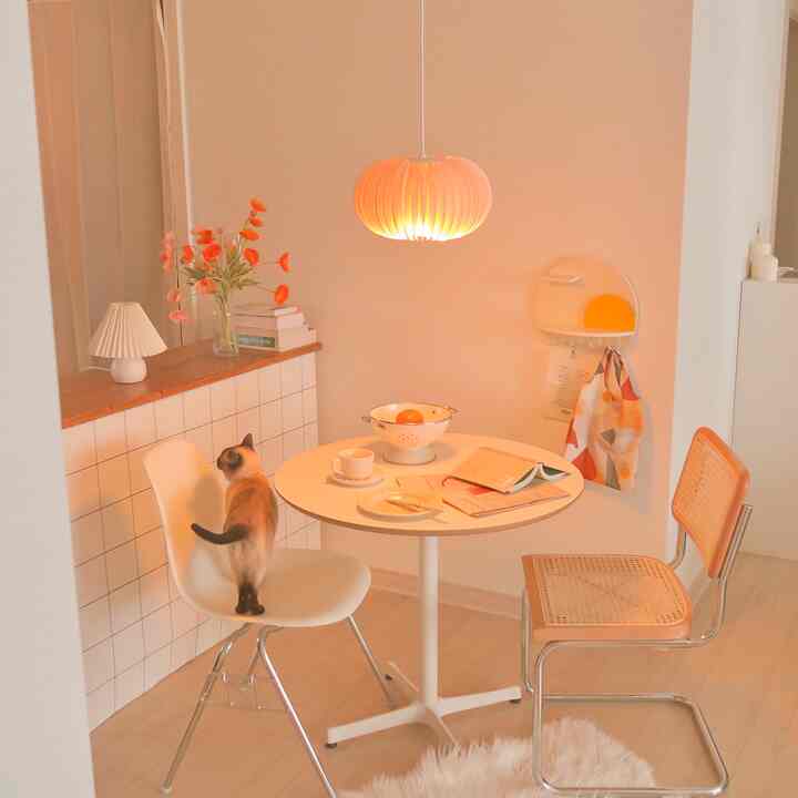 Warm beige and ivory toned kitchen featuring a round dining table, two chairs, and a cat sitting on one chair in a cozy atmosphere