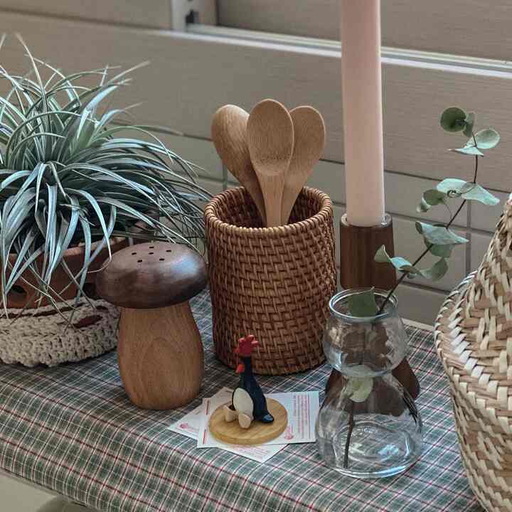 Natural wood tones and plants decorate a cozy tabletop setting with various small objects