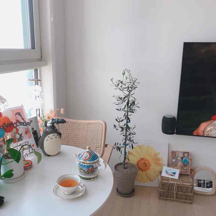 Bright natural-toned kitchen space featuring a white round table with rattan chair, assorted decorations, potted plant, and sunflower wall art in a cozy newlywed setting