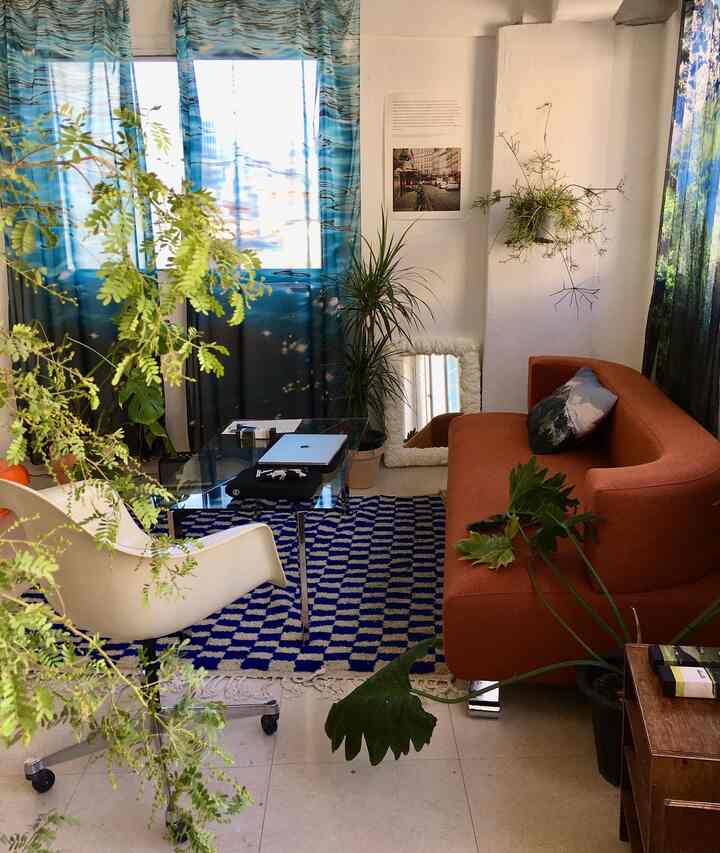 Living room with blue curtains and orange sofa, featuring a glass coffee table and office chair, decorated with abundant plants creating a natural atmosphere