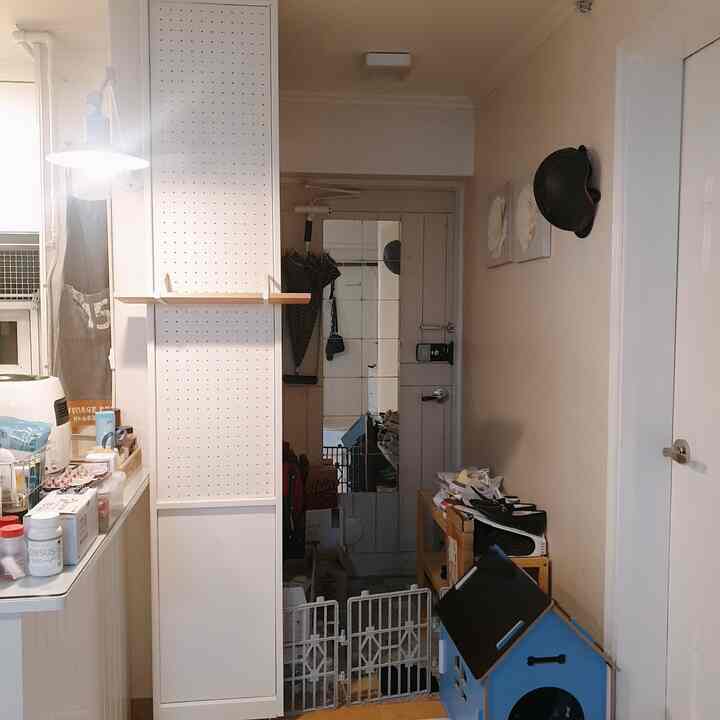 ベージュとホワイトのトーンでまとめられた狭い玄関、ペグボードの間仕切り、靴収納とペットハウスが配置された実用的なインテリア