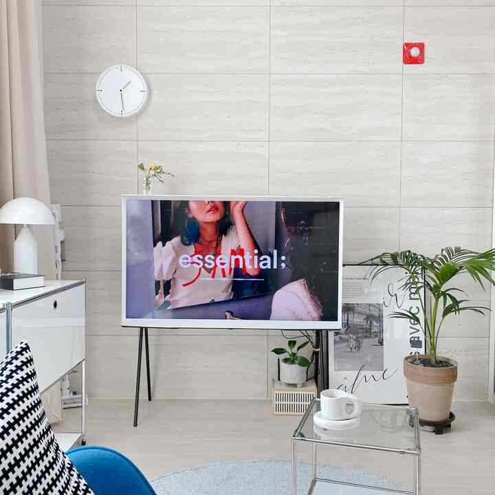 White and gray toned studio living room featuring minimal furniture, a TV stand, and plants in a clean, modern space