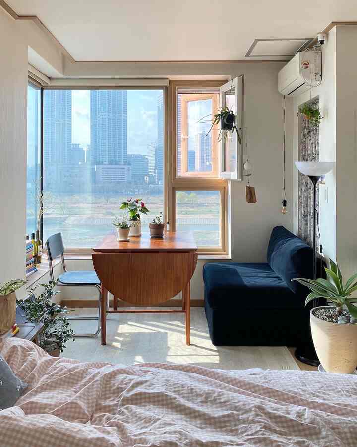 Bright natural-toned studio bedroom featuring a wooden table, dark blue sofa, and various plants creating a cozy interior