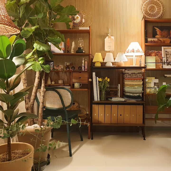 Cozy accessory shop interior with warm wood tones, assorted small decor items, and lush indoor plants