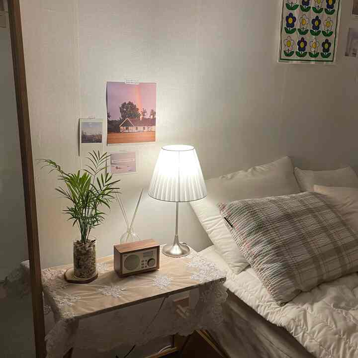 White and beige toned bedroom featuring a nightstand with table lamp and plant, lace tablecloth creating a cozy atmosphere