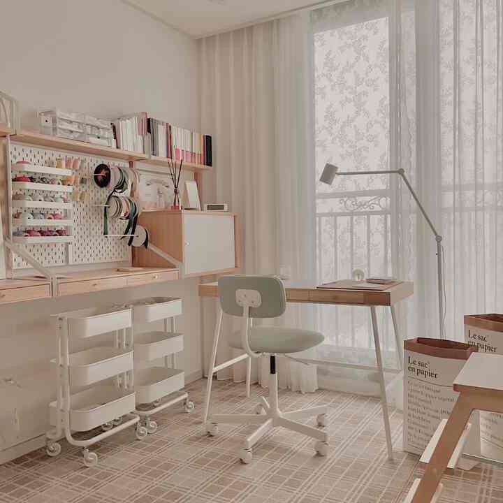 Natural toned small room featuring wall shelves and desk arranged to maximize space in a tidy home office