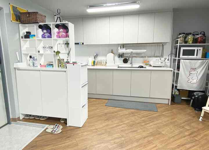 Modern kitchen and entrance area featuring white and gray cabinetry with organized storage, set on warm wood tone flooring