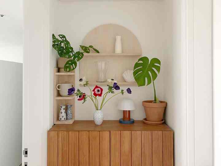Natural wood tones and green plants in a living room display shelf space