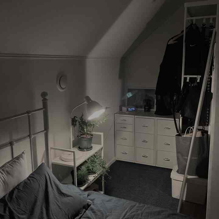 Natural toned small bedroom featuring white dresser, floor lamp, and blue bedding creating a cozy atmosphere