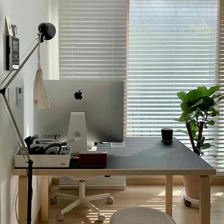 Modern home office with bright wood-tone flooring and white blinds, featuring a central desk with computer and a large plant on the side