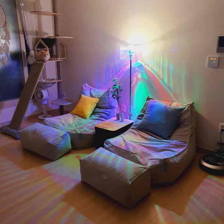 ライトブラウンのフローリングと木目調のキャットタワーが配置されたリビング、二つの大型ビーズクッションとフロアランプがある落ち着いた印象のインテリア