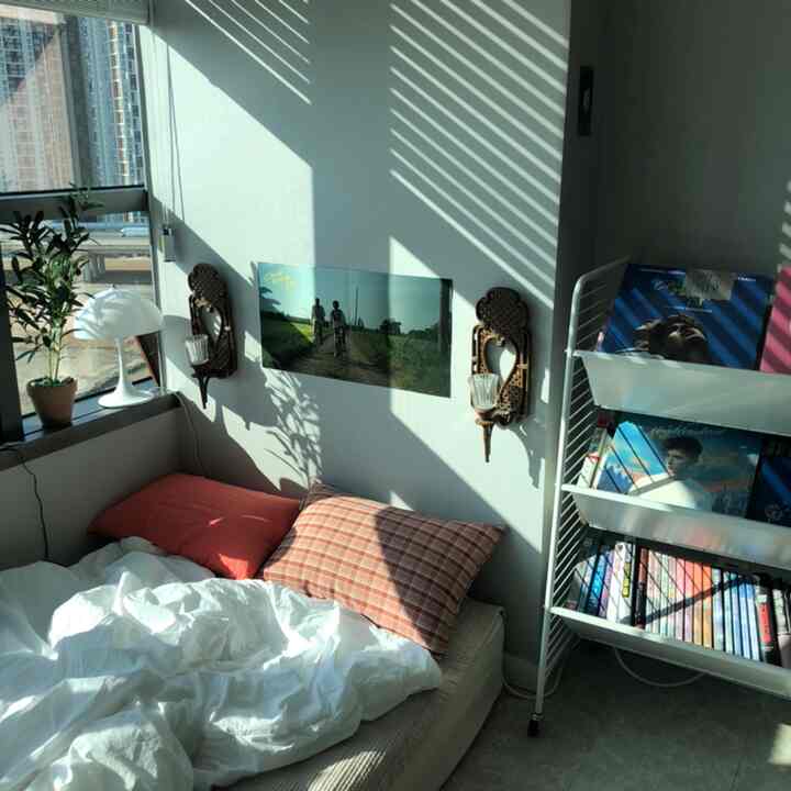 日差しが差し込む白とベージュの寝室、チェック柄の枕と植物が配置された温かみのある空間