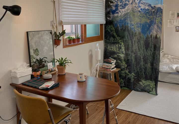 Natural-toned studio apartment featuring wooden dining table and chairs, blinds, and plants creating a cozy clean space