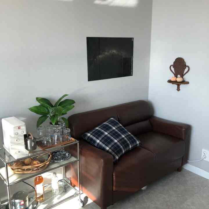 Natural modern studio apartment living space with brown leather two-seater sofa, side table, and coffee machine against white walls