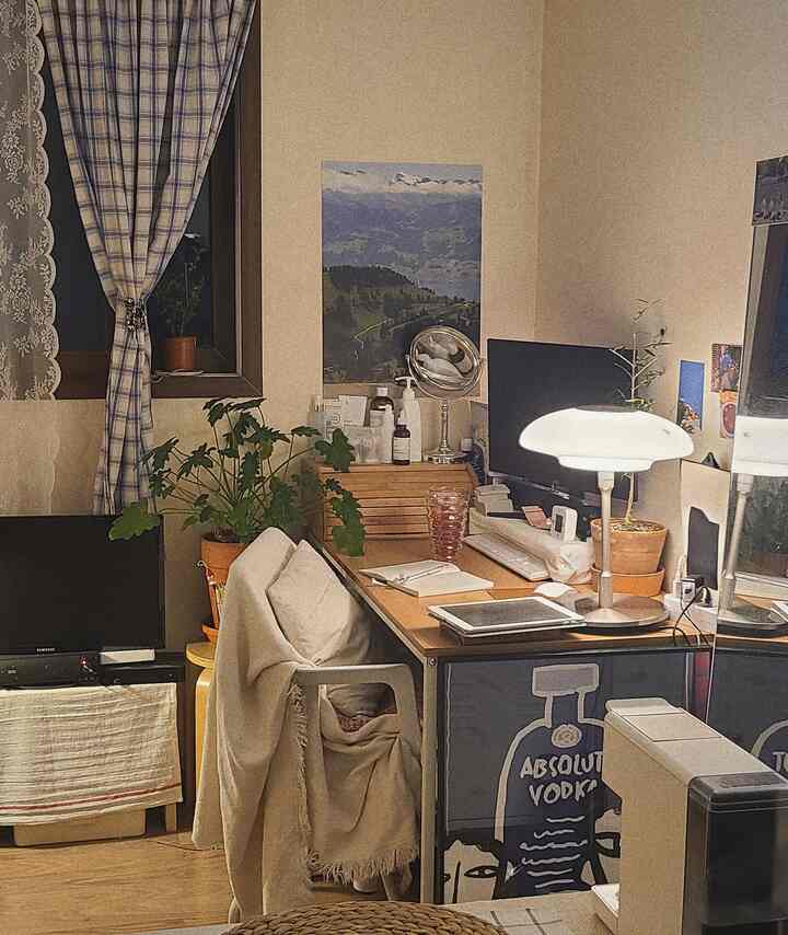 Natural beige and wood tones in a studio apartment featuring a desk, curtain, and plants creating a cozy workspace