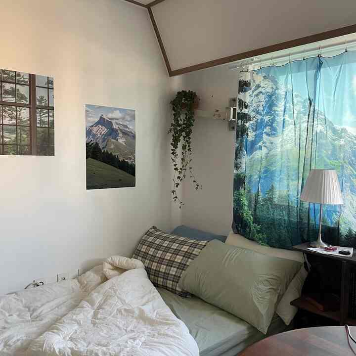 Natural-toned studio bedroom with white walls, mountain landscape posters and curtains, cozy bedding arranged