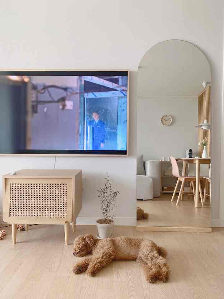 明るい白い壁と木製の床のリビング、アーチ形の全身鏡とナチュラルなインテリアが配置された落ち着いた空間