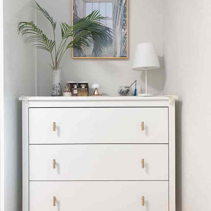 Minimalist walk-in closet featuring white dresser with gold handles, a floor lamp, and natural green plant decor