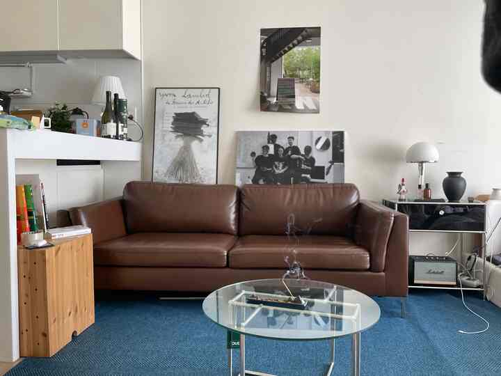 茶色のレザー3人掛けソファと青いラグが調和した、モダンで清潔感のあるリビングスペース