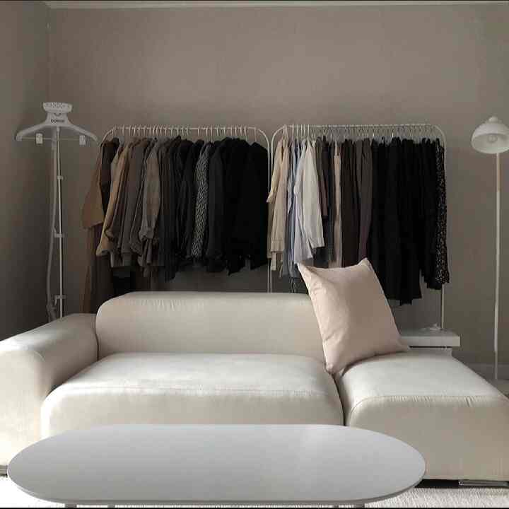 白とモノトーン調のリビング、中央にソファとコーヒーテーブルを配置し、背景にオープンクローゼットがあるシンプルでモダンなインテリア