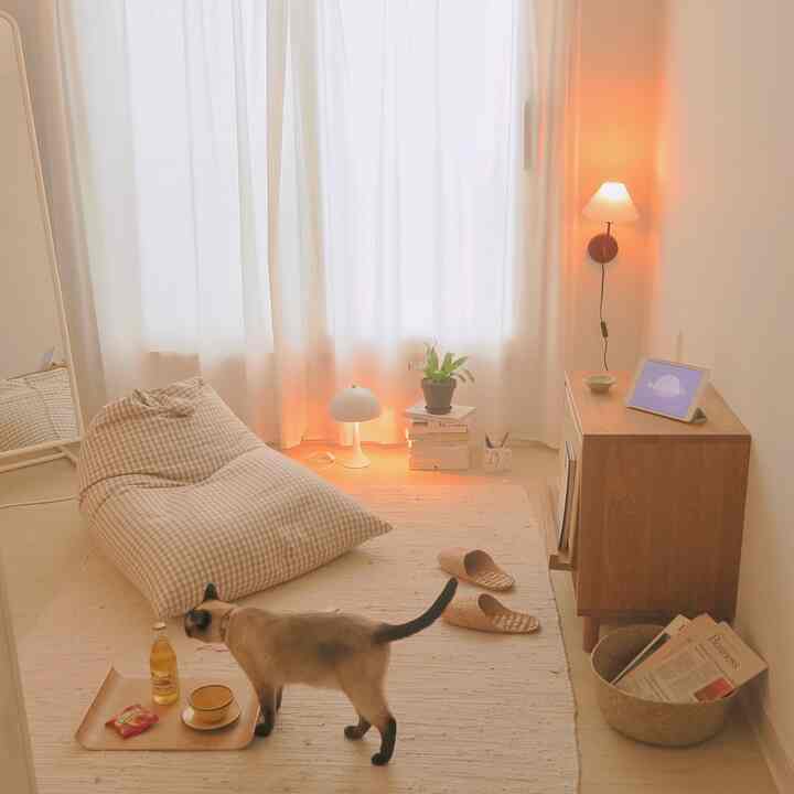 ベージュと木目調の小さな一人暮らし空間、ビーンバッグソファとラグ、壁灯と観葉植物が配置された暖かいインテリア