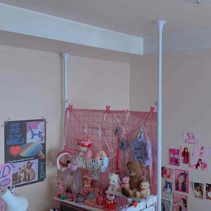 ピンクとベージュの色調が印象的なコンパクトな部屋、収納グリッドにぬいぐるみとポスターが配置されたトレンディなインテリア