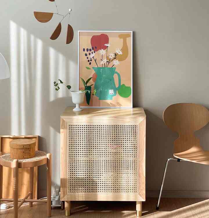 Wood tone and beige living space featuring rattan storage cabinet and plant with a natural atmosphere