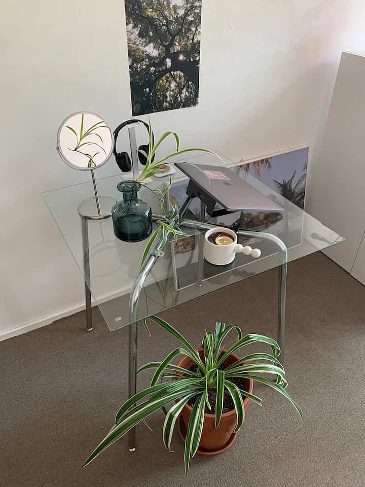 Modern home office space with transparent glass desk and silver metal legs, decorated with plants and posters