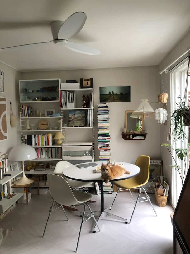 Natural-toned living room with white elements features round table, Eames chairs, and a cat lounging on the table