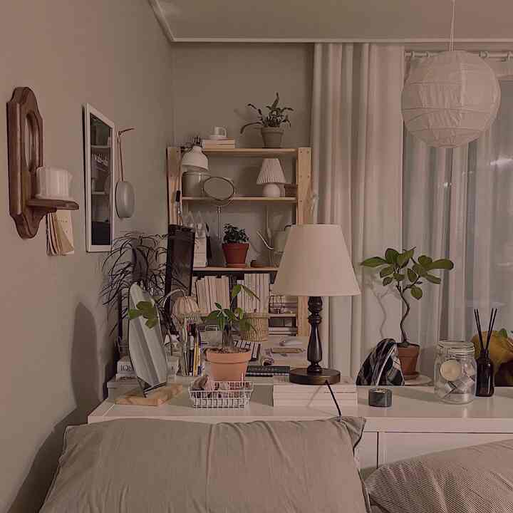 Natural-toned studio workspace featuring a white desk, wooden shelves, and diverse plants creating a cozy atmosphere